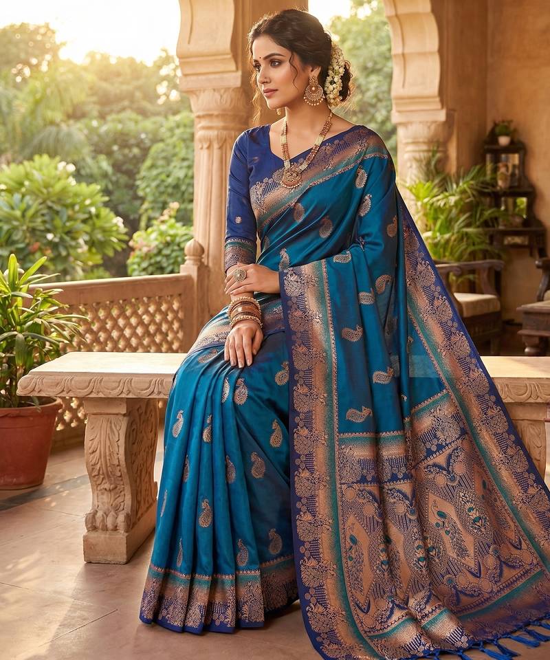 Blue  faux banarasi silk saree with paithani rich weaved pallu and blouse