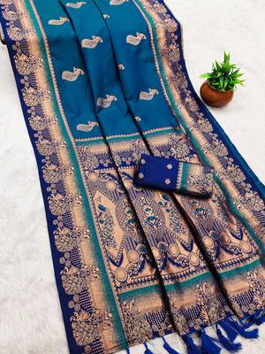 Blue  faux banarasi silk saree with paithani rich weaved pallu and blouse 2