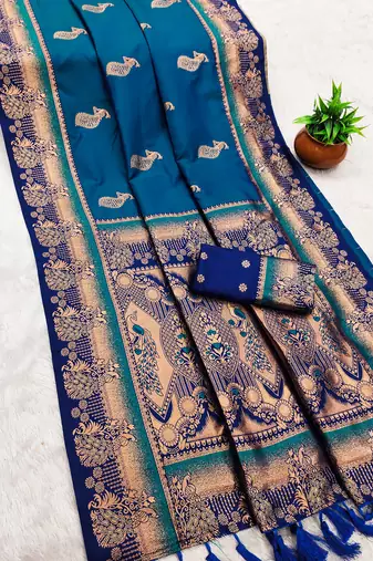 Blue  faux banarasi silk saree with paithani rich weaved pallu and blouse