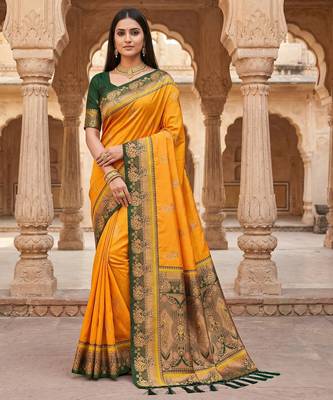 Yellow faux banarasi silk saree with paithani rich weaved pallu and blouse 1