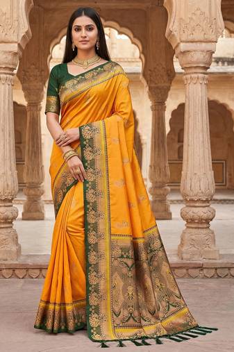 Yellow faux banarasi silk saree with paithani rich weaved pallu and blouse