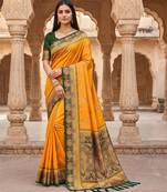 Yellow faux banarasi silk saree with paithani rich weaved pallu and blouse