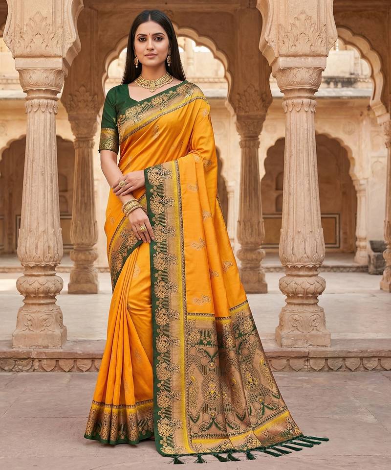 Yellow faux banarasi silk saree with paithani rich weaved pallu and blouse