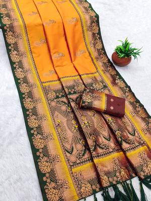 Yellow faux banarasi silk saree with paithani rich weaved pallu and blouse 2