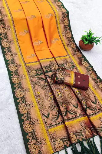 Yellow faux banarasi silk saree with paithani rich weaved pallu and blouse