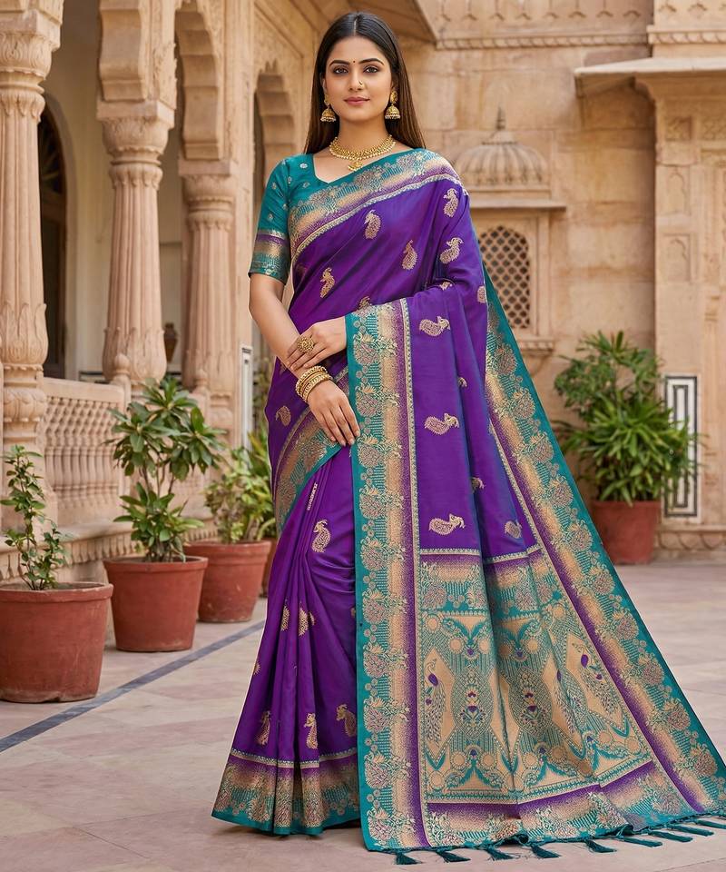 Purple   faux banarasi silk saree with paithani rich weaved pallu and blouse