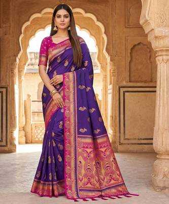 Royal blue  faux banarasi silk saree with paithani rich weaved pallu and blouse 1