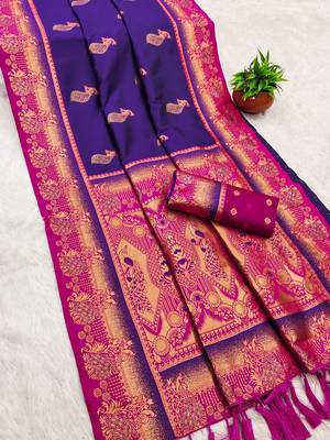 Royal blue  faux banarasi silk saree with paithani rich weaved pallu and blouse 2