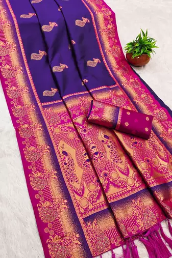 Royal blue  faux banarasi silk saree with paithani rich weaved pallu and blouse