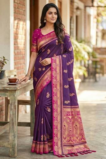 Wine faux banarasi silk saree with paithani rich weaved pallu and blouse
