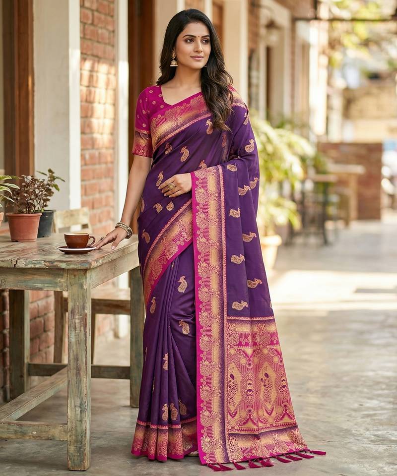 Wine faux banarasi silk saree with paithani rich weaved pallu and blouse