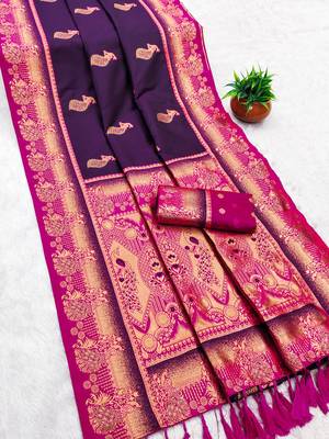Wine faux banarasi silk saree with paithani rich weaved pallu and blouse 2