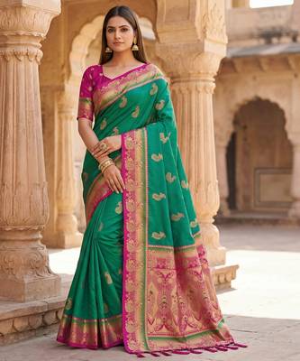 Sea green  faux banarasi silk saree with paithani rich weaved pallu and blouse 1
