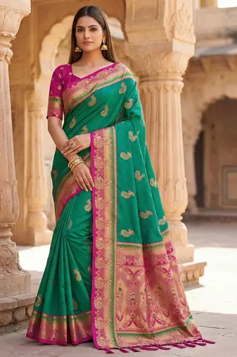 Sea green  faux banarasi silk saree with paithani rich weaved pallu and blouse