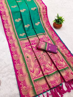 Sea green  faux banarasi silk saree with paithani rich weaved pallu and blouse 2