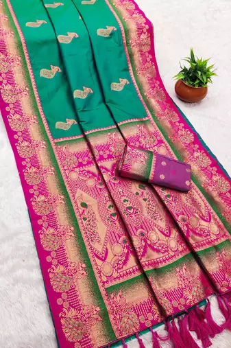 Sea green  faux banarasi silk saree with paithani rich weaved pallu and blouse