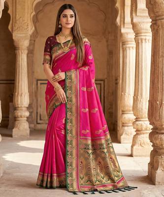 Pink  faux banarasi silk saree with paithani rich weaved pallu and blouse 1