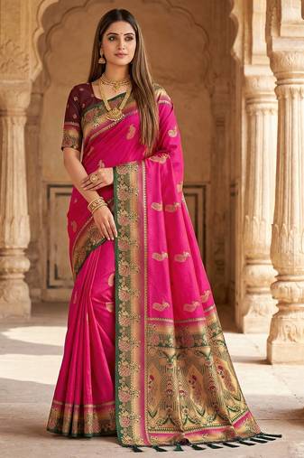 Pink  faux banarasi silk saree with paithani rich weaved pallu and blouse