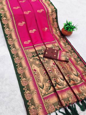 Pink  faux banarasi silk saree with paithani rich weaved pallu and blouse 2