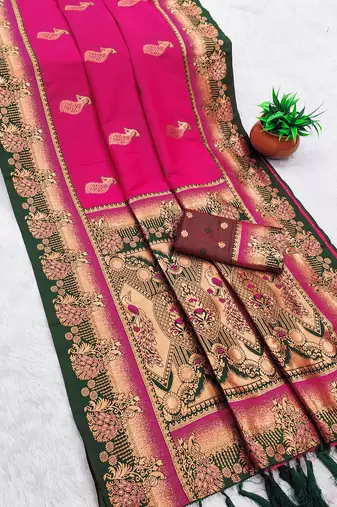 Pink  faux banarasi silk saree with paithani rich weaved pallu and blouse