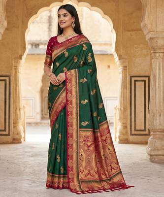 Green  faux banarasi silk saree with paithani rich weaved pallu and blouse 1