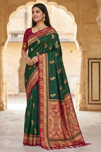 Green  faux banarasi silk saree with paithani rich weaved pallu and blouse