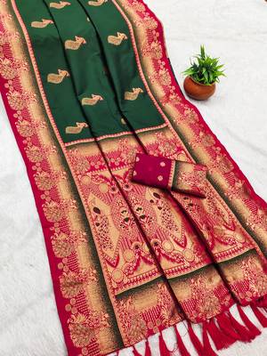 Green  faux banarasi silk saree with paithani rich weaved pallu and blouse 2