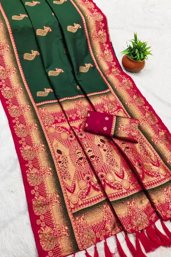 Green  faux banarasi silk saree with paithani rich weaved pallu and blouse
