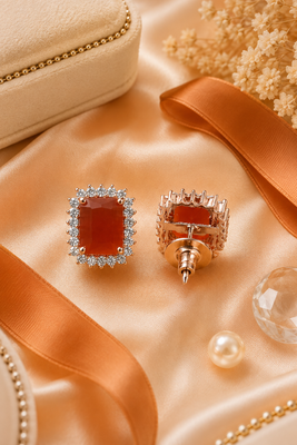 Rose gold finish sunset ember halo studs 1