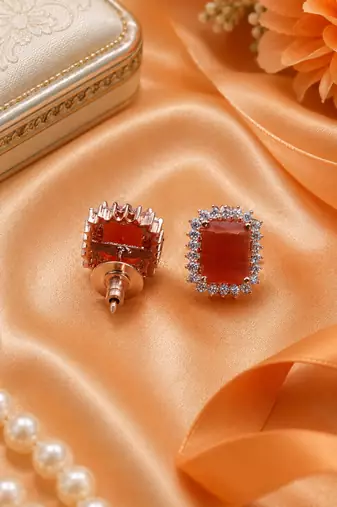 Rose gold finish sunset ember halo studs