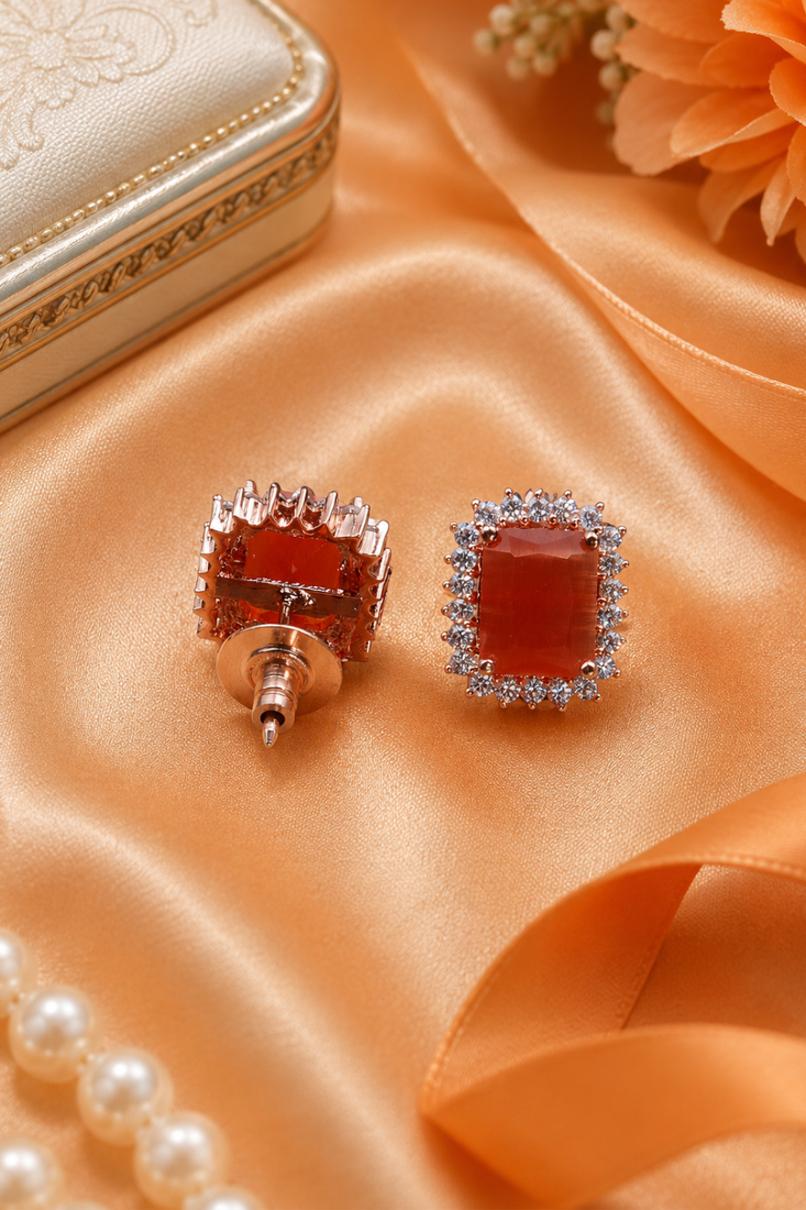 Rose gold finish sunset ember halo studs