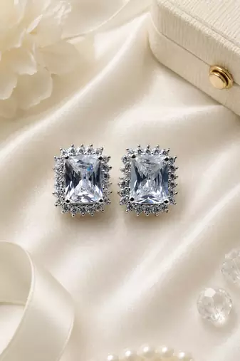 Rhodium finish crystal royale halo stud earrings