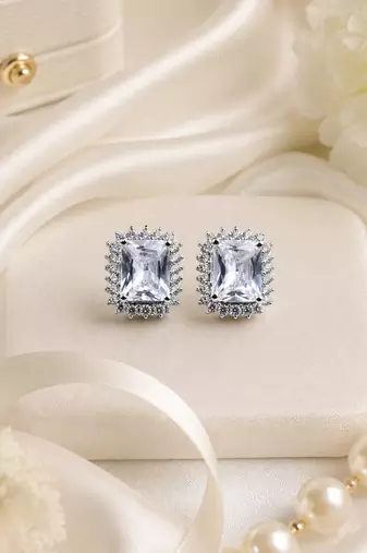 Rhodium finish crystal royale halo stud earrings