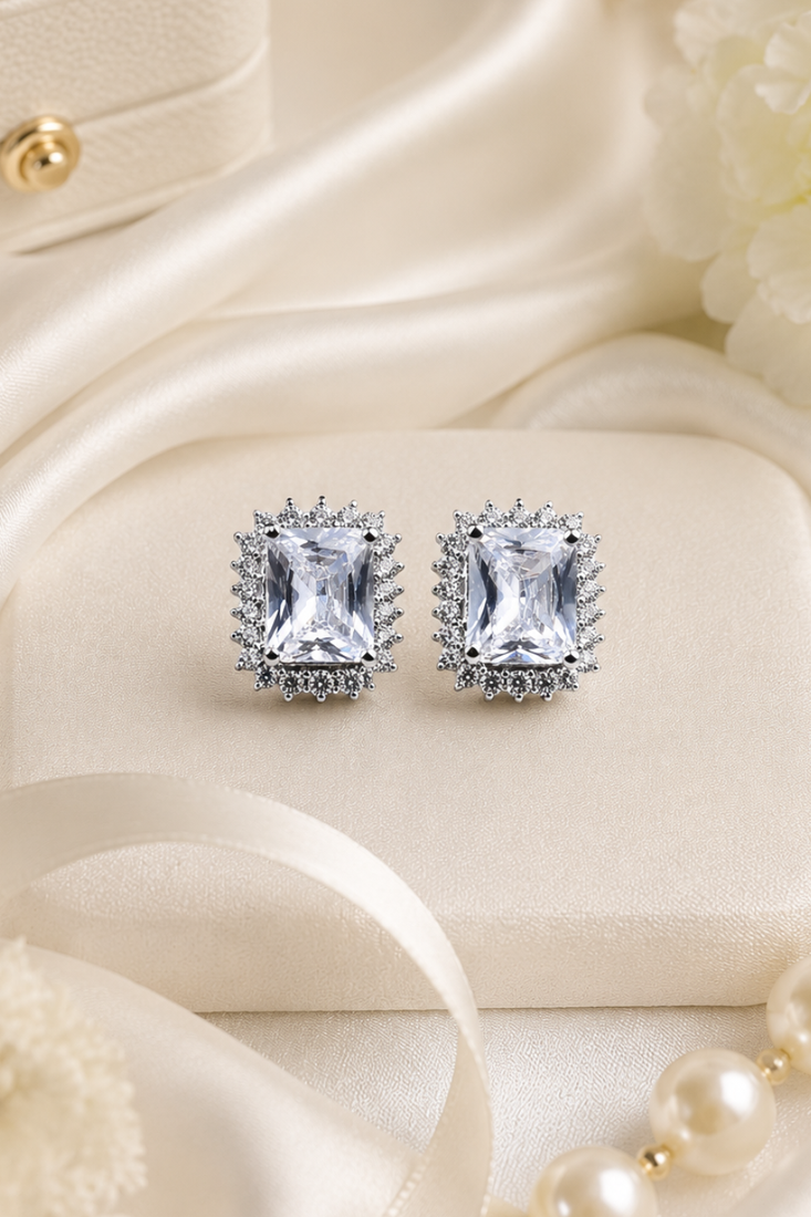 Rhodium finish crystal royale halo stud earrings
