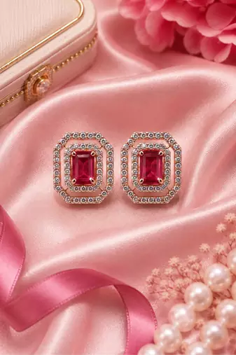 Rose Gold Finish Royal Ruby Octagon Studs