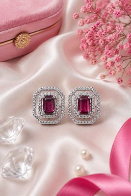Rhodium finish royal ruby octagon studs 1