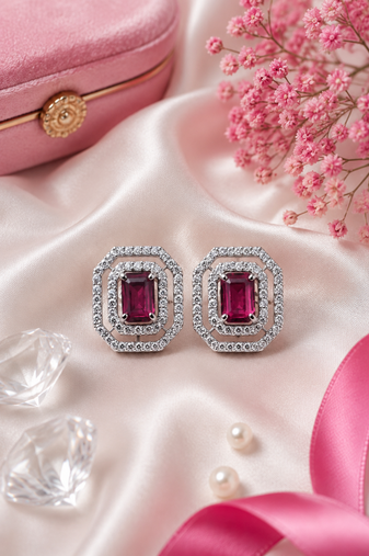 Rhodium finish royal ruby octagon studs