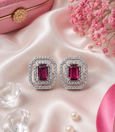 Rhodium finish royal ruby octagon studs