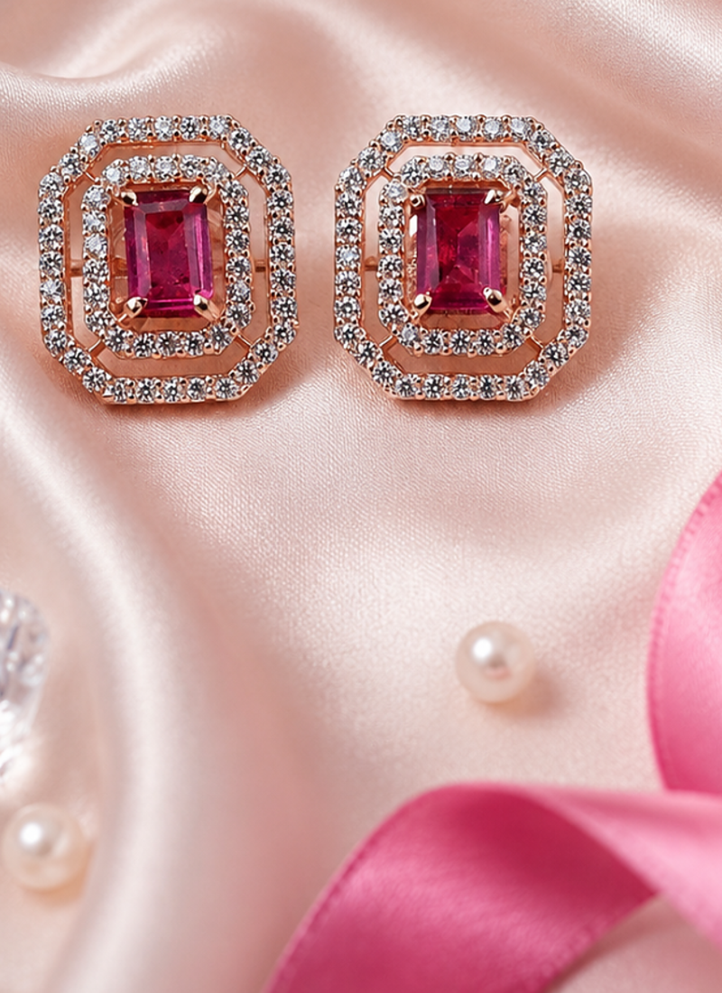Rose Gold Finish Royal Ruby Octagon Studs