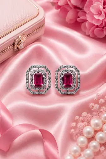 Rhodium finish royal ruby octagon studs