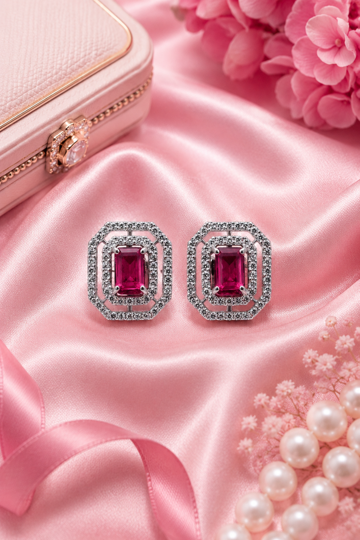 Rhodium finish royal ruby octagon studs