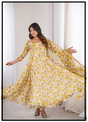 Yellow printed georgette anarkali kurti 1