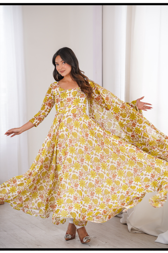 Yellow printed georgette anarkali kurti