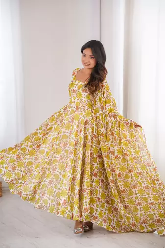 Yellow printed georgette anarkali kurti
