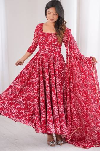 Red printed georgette anarkali kurti