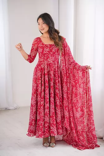 Red printed georgette anarkali kurti