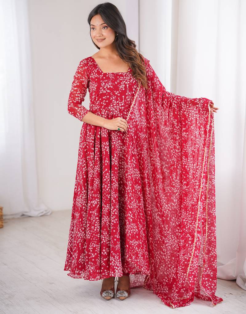 Red printed georgette anarkali kurti