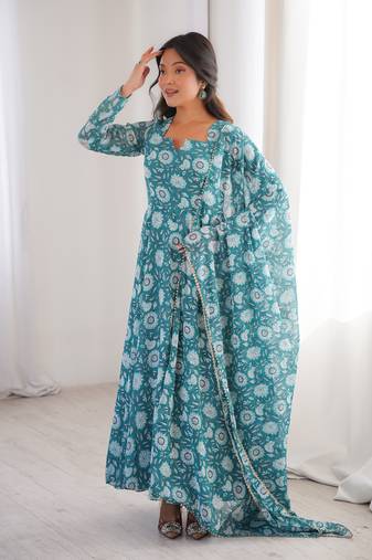 Sky blue printed georgette anarkali kurti