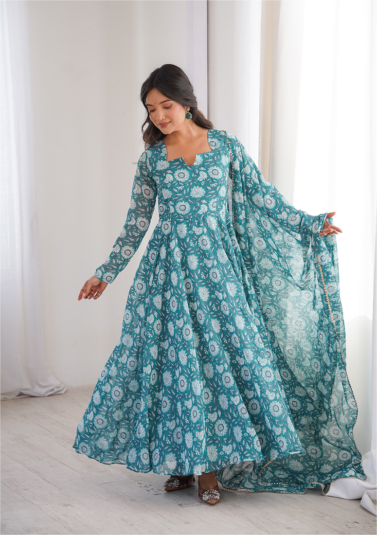 Sky blue printed georgette anarkali kurti