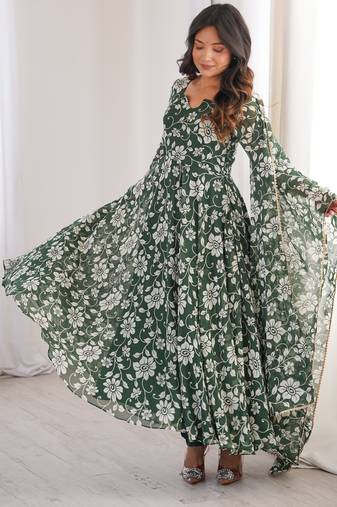 Green printed georgette anarkali kurti
